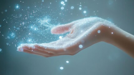 Fototapeta premium A hand releasing sparkling particles, evoking a sense of magic and wonder, against a soft, blurred background.