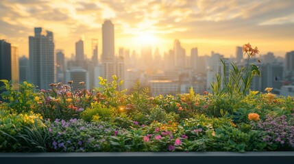 A vibrant rooftop garden in full bloom with colorful flowers, overlooking a bustling cityscape at sunrise, symbolizing urban greenery.