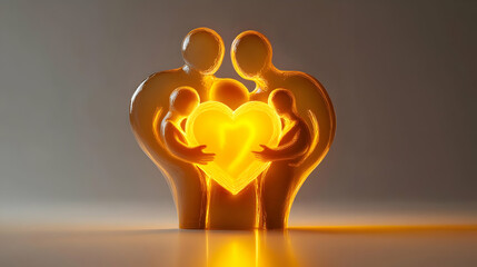 3D Glossy Abstract Family Embrace with Glowing Hope Symbol concept as A dynamic digital art banner featuring an abstract interracial family embracing with a glowing hope symbol representing the streng