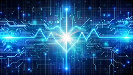 Obraz premium A futuristic digital background features a stylized heartbeat waveform, intersecting circuits, and glowing neurons, symbolizing the convergence of healthcare and cutting-edge technology.