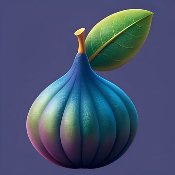 A vibrant and stylized illustration of a fig. featuring a glossy. blue green skin with a subtle rainbow gradient.