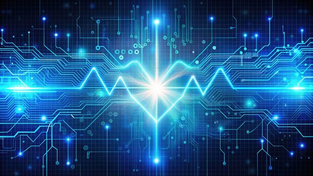 A futuristic digital background features a stylized heartbeat waveform, intersecting circuits, and glowing neurons, symbolizing the convergence of healthcare and cutting-edge technology.