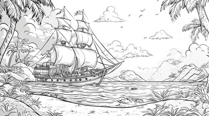 Naklejka premium A detailed black and white illustration of a pirate ship sailing near a tropical island with lush palms and mountain ranges.