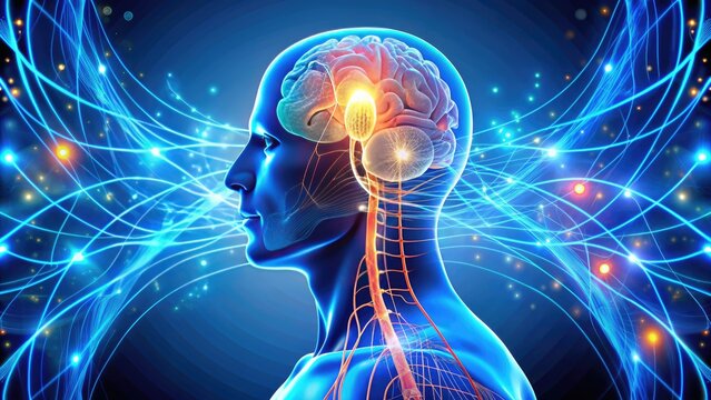 A futuristic illustration of the vagus nerve highlighted in blue, surrounded by electrical impulses and brain waves, symbolizing stimulation and neural connection enhancement.