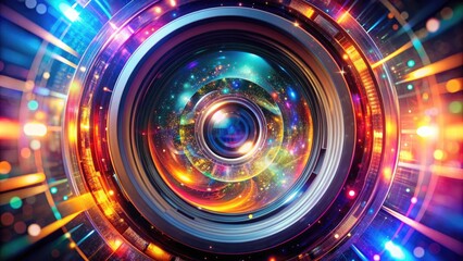 Obraz premium A futuristic lens gazes into the distance, surrounded by swirling shapes and vibrant colors, symbolizing innovation, progress, and fresh perspectives for the new year.