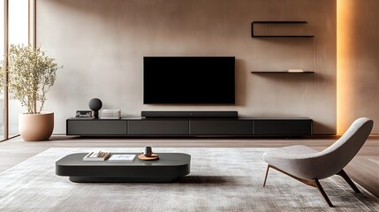 Minimalist living room design showcasing a sleek TV stand minimalist floating shelves and a soft area rug creating a clean and sophisticated space for relaxation and content