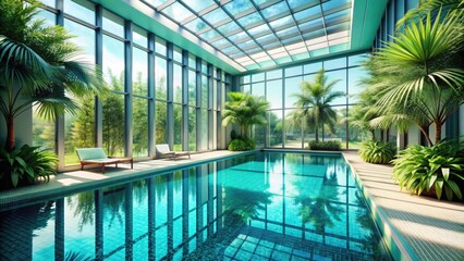 Indoor pool with bright turquoise water, surrounded by glass walls and tropical plants , indoor pool