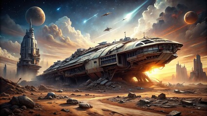 A futuristic spaceship lies abandoned and severely damaged on a barren alien planet's surface, surrounded by debris, wreckage, and a haunting atmosphere of desolation.