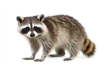 Obraz premium A raccoon stands on a white background, showcasing its distinct features and fur pattern.