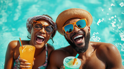 Two smiling adults in colorful sunglasses enjoy refreshing drinks while relaxing in a swimming pool on a sunny day.