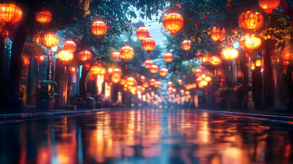 Obraz premium 3D Glossy Street with Reflective Lanterns for Mid Autumn Festival concept as A glossy street background lined with reflective lanterns capturing the lively and festive spirit of the Mid Autumn Festiva
