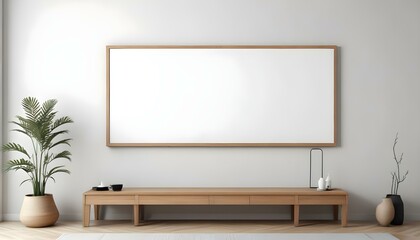 A minimalist living room with a wooden TV stand and a large empty white frame on the wall.