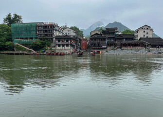 Hong'an Old Town, Lala Ferry, Qingshui River in Xiushan, Chongqing, China, bordering Hunan and Guizhou. Tourist attraction.