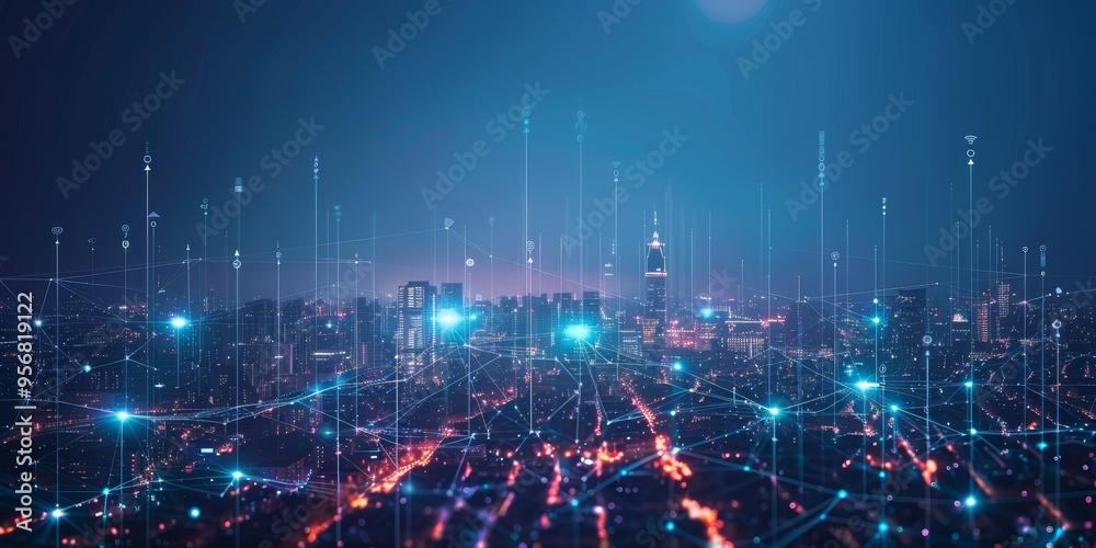 Leinwandbilder a cityscape overlaid with glowing network connections, symbolizing the integration of data and urban