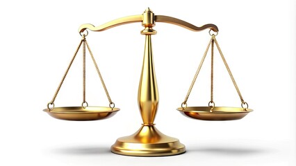 A gold scales icon with a subtle shadow effect is suspended in mid-air, perfectly balanced, conveying fairness, justice, and precision in a modern design element.