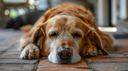 Aging golden retriever lying on the floor, symbolizing senior pet care and the importance of health and wellness for older dogs.