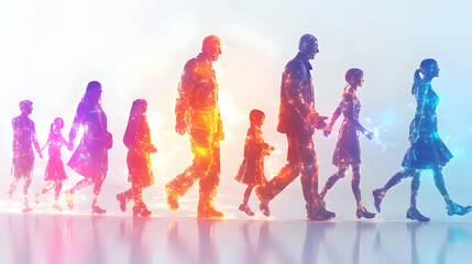 3D Glowing Abstract Grandparents and Grandchildren Playing concept as A dynamic digital art banner featuring glowing abstract icons of grandparents and grandchildren playing together. The design radia