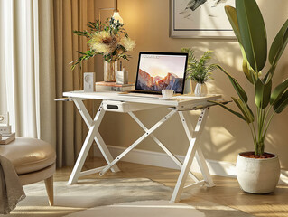 A white desk with a laptop on it and a potted plant in the corner. The desk is surrounded by a rug and a chair. The laptop screen shows a picture of a mountain. The room has a warm