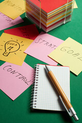 Brainstorming session with sticky notes on strategy and mission, highlighting key actions and ideas