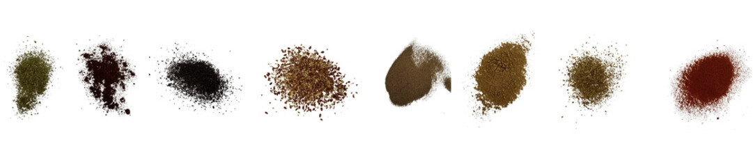 Close-up shot of 8 types of spices on white background