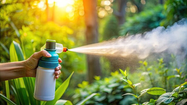 A handheld insect repellent spray bottle is being dispensed, releasing a fine mist to protect against pesky mosquitoes and other biting insects outdoors.