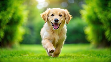 A happy, energetic golden retriever puppy runs towards the camera, responding promptly to the "come" command, showcasing successful obedience training in a green outdoor setting.