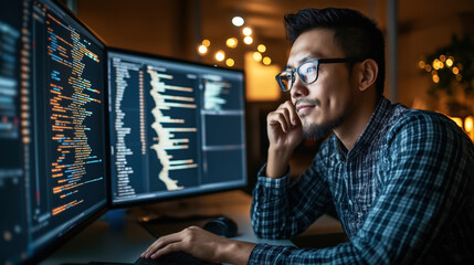 A focused man with glasses working on a dual-monitor setup displaying computer code, likely involved in programming or software development in a dimly lit workspace.