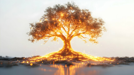 3D Holographic Family Tree with Glowing Roots concept as A minimalist copy space photo showing a holographic interracial family tree with glowing roots symbolizing strong connections and heritage. The