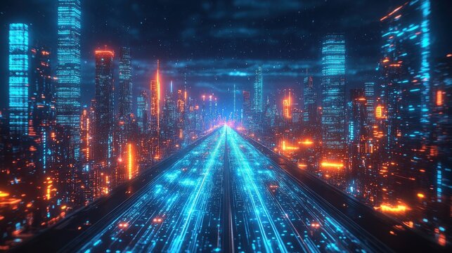 Futuristic cityscape with vibrant neon lights and digital highways, showcasing advanced technology and modern architecture.