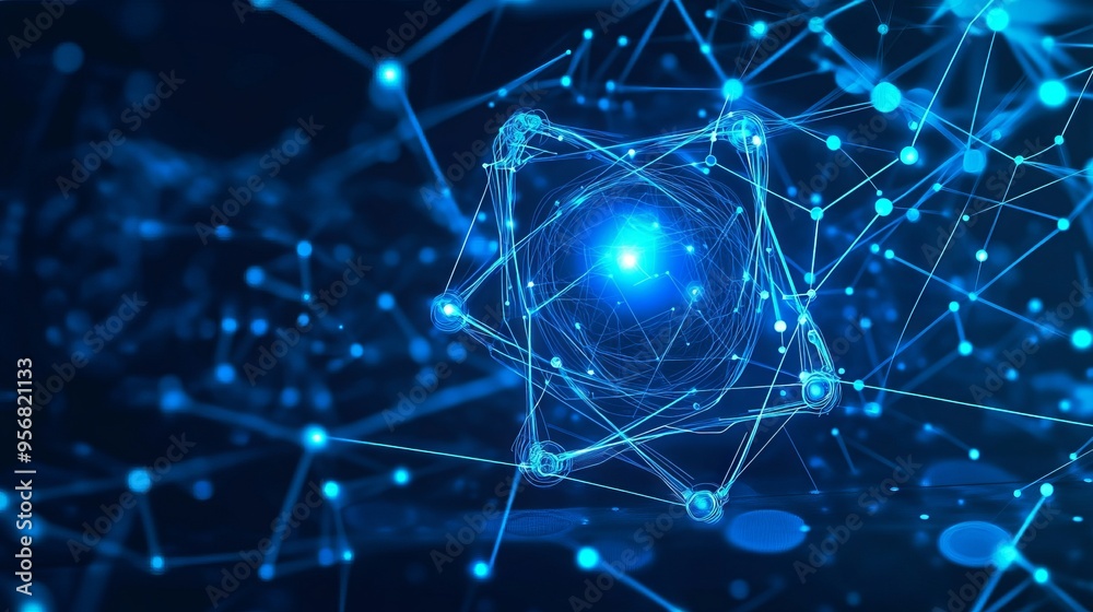 Poster ai chip and abstract digital atom icon on technology background. science tech bg. circuit light line