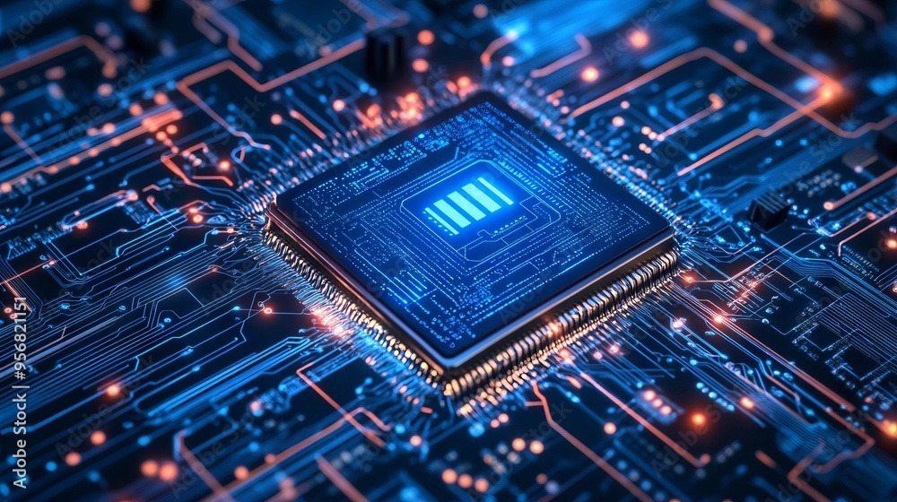 Poster ai chip and abstract digital atom icon on technology background. science tech bg. circuit light line