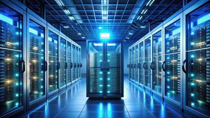 Fototapeta premium A highly secured mainframe computer system with rows of blinking servers, surrounded by metal cages and biometric scanners, protected by advanced digital encryption.
