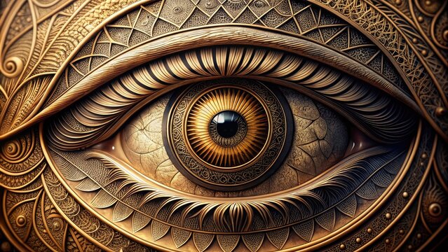 A highly detailed, intricately engraved illustration of a human eye, showcasing precise lines, geometric patterns, and subtle textures in a stunning metallic style.