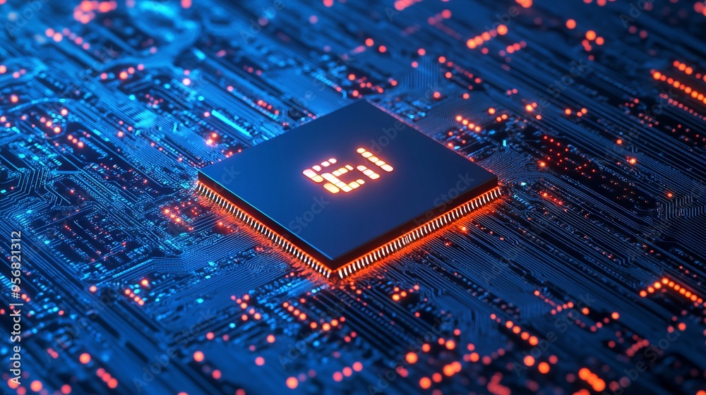 Poster ai chip and abstract digital atom icon on technology background. science tech bg. circuit light line