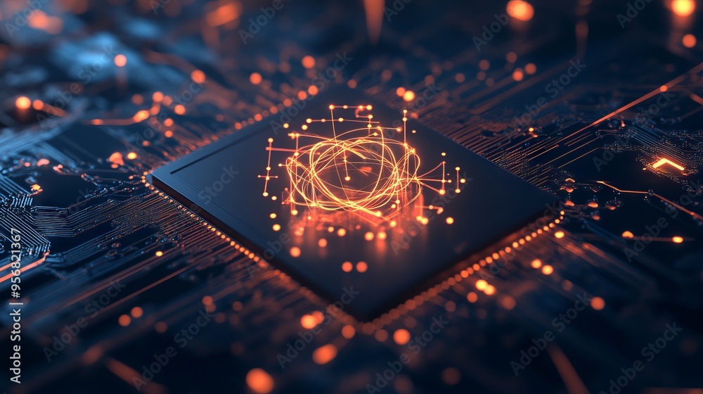 Poster ai chip and abstract digital atom icon on technology background. science tech bg. circuit light line