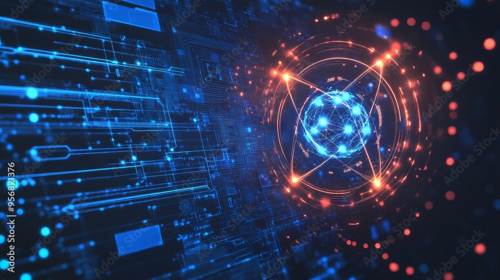 Poster ai chip and abstract digital atom icon on technology background. science tech bg. circuit light line