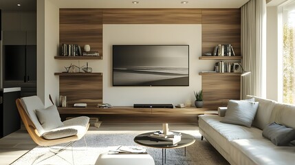 A stunning and sophisticated modern living room with a feature wall floating shelves and contemporary artwork creating a warm and inviting atmosphere