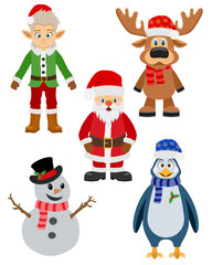 christmas and new year characters holiday symbols flat style vector illustration isolated on white background