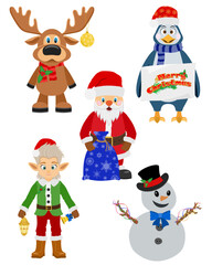 christmas and new year characters holiday symbols flat style vector illustration isolated on white background