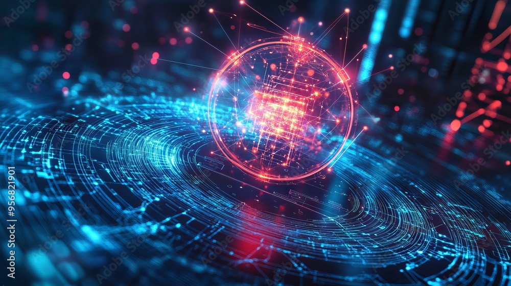 Poster ai chip and abstract digital atom icon on technology background. science tech bg. circuit light line