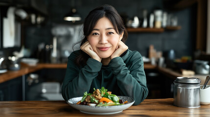 Smiling woman seated at a wooden table in a cozy kitchen, leaning forward with her chin on her hands, with a plate of fresh salad in front of her.
