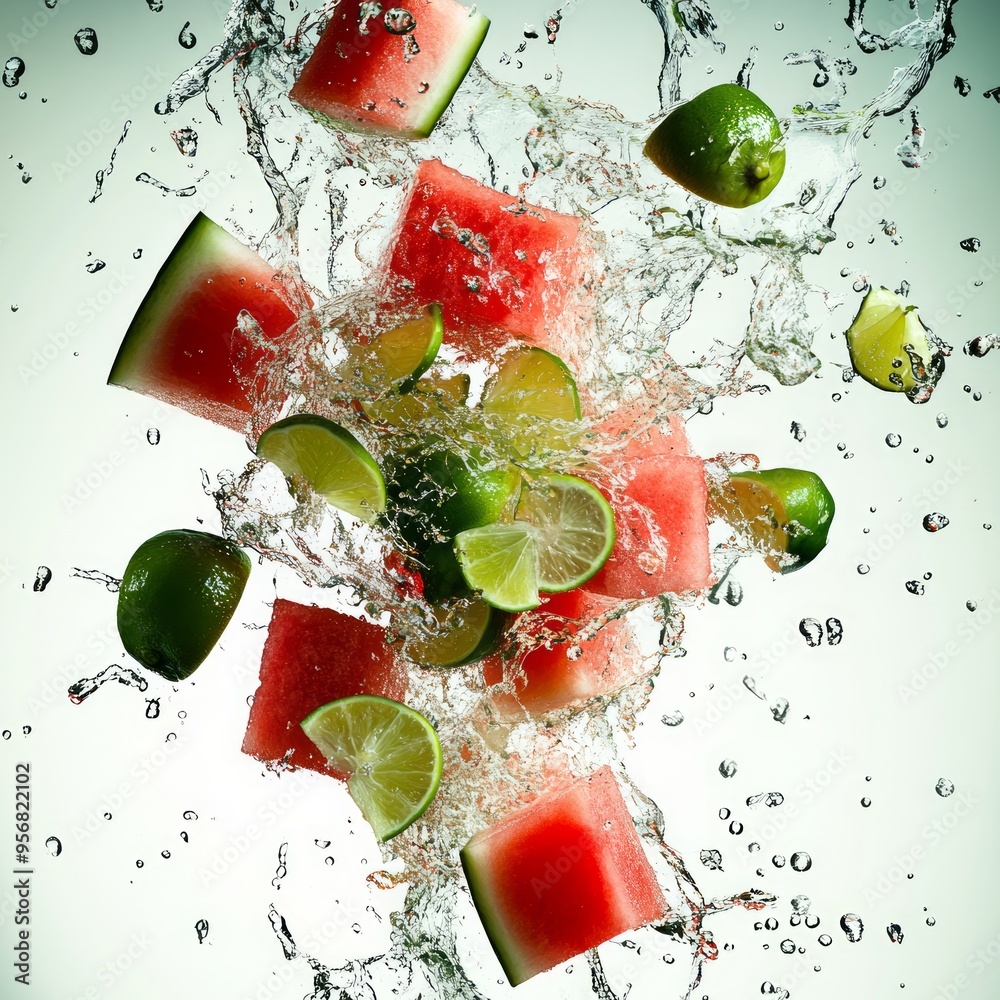 Poster Slices of watermelon and lime splash in water, creating a refreshing and vibrant display.