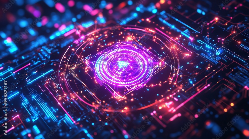 Poster ai chip and abstract digital atom icon on technology background. science tech bg. circuit light line