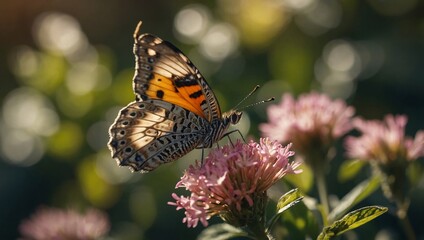 A detailed close-up of a butterfly resting on a blooming flower, with intricate patterns on its wings highlighted by soft sunlight.