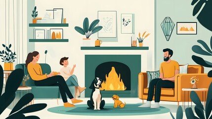 A lovely dachshund being showered with love and attention by a family in a stylish living room with a roaring fireplace