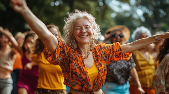 A flash mob performing a surprise dance routine in a public park, with diverse participants of all ages moving in joyful harmony.