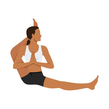 Young woman doing Foot Behind the Head Pose or Eka Pada Sirsasana yoga exercise. Flat vector illustration isolated on white background