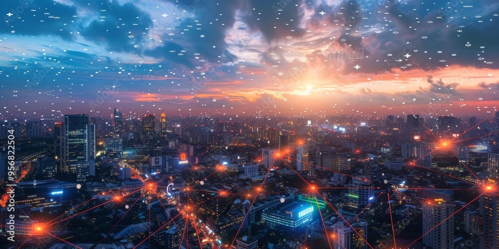 Poster a cityscape overlaid with glowing network connections, symbolizing the integration of data and urban