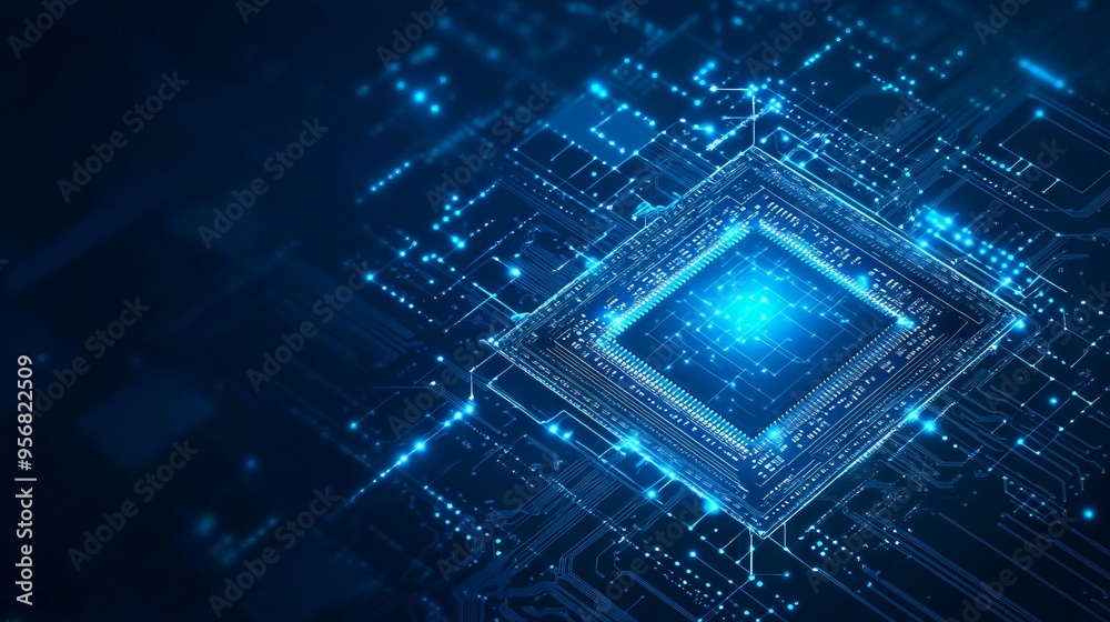 Poster ai chip and abstract digital atom icon on technology background. science tech bg. circuit light line