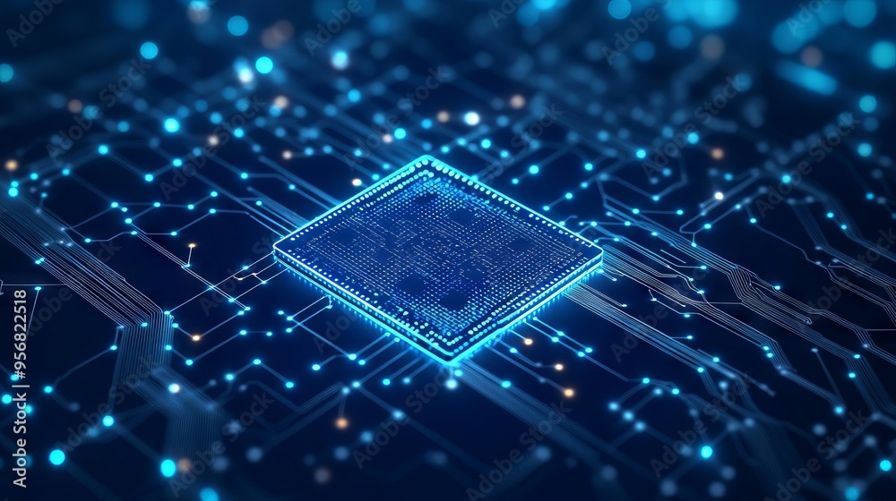 Poster ai chip and abstract digital atom icon on technology background. science tech bg. circuit light line
